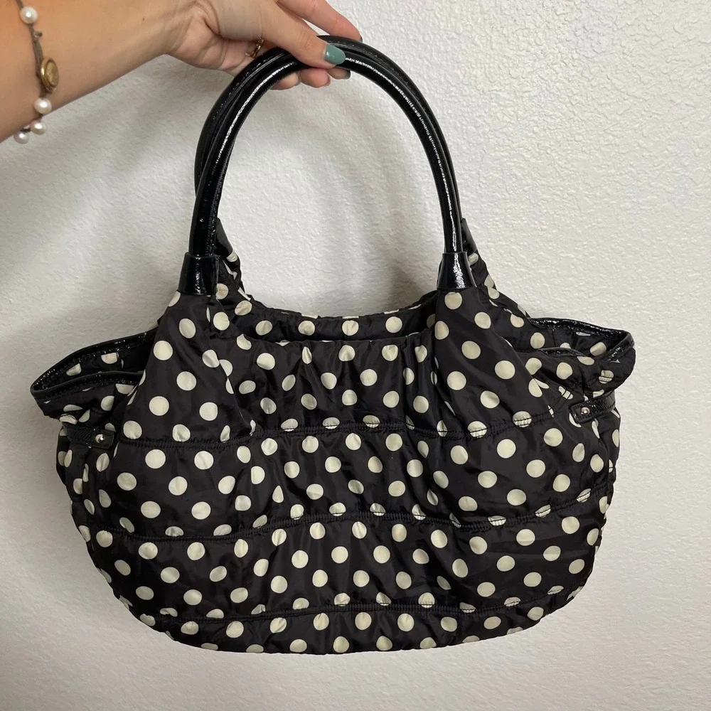 Kate Spade New York Black White Polka Dot Quilted Nylon Tote Shoulder Bag
